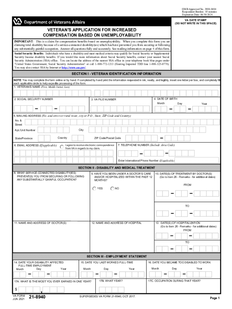 About VA Form 21 8940 2021-2025